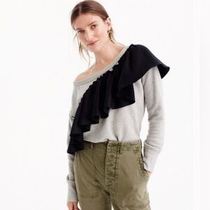 J.Crew Women's Medium Gray Asymmetrical Ruffle Pullover Long Sleeve Sweater